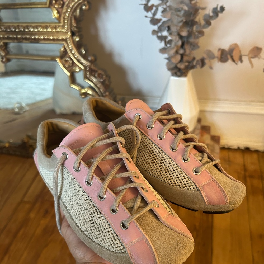 Prada Pink and Tan Bowling Style Sneaker
